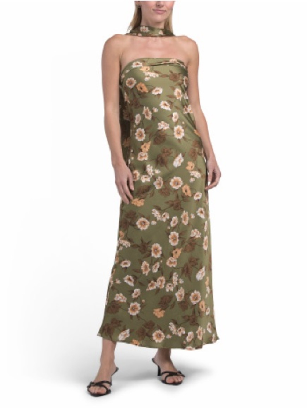 Olive Green Floral Strapless Maxi Dress with Scarf